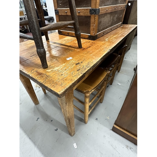 63 - 19th cent. Pine kitchen table with single drawer, four kitchen stools. 60ins. x 31ins.