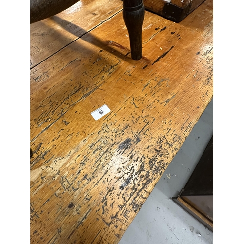 63 - 19th cent. Pine kitchen table with single drawer, four kitchen stools. 60ins. x 31ins.