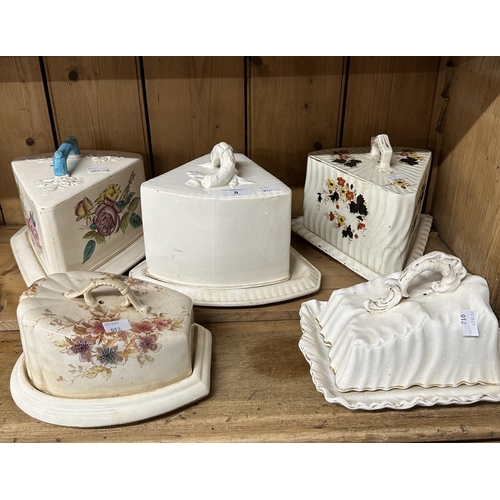 8 - Staffordshire, five large cheese dishes all with floral decoration from various makers.