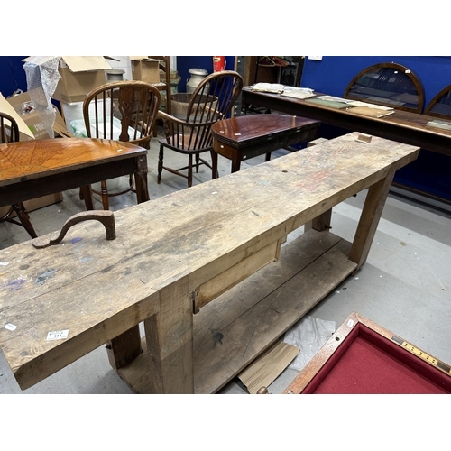 111 - Furniture: Oak carpenter's bench (French) with side drawer, bench stop and vice c1940-1950. Solid wi... 