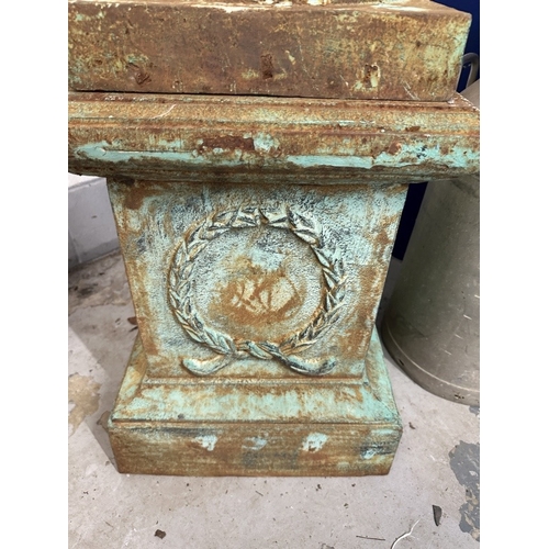 119 - Gardenalia: Cast iron reproduction classical urn planter with handles and base column featuring rose... 