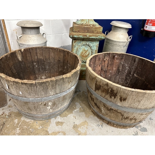 120 - Gardenalia: Oak planters cut from an 18 gallon coopered barrel. Dia. 26ins. Height 18½ins. (2)... 