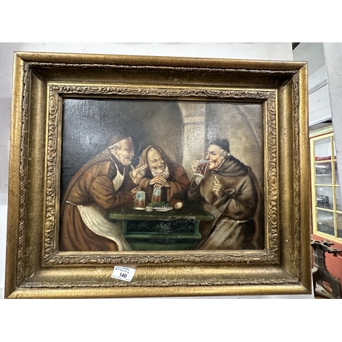 140 - Italian School: Oil on canvas, three monks imbibing ale with food, one smoking. Signed lower right V... 