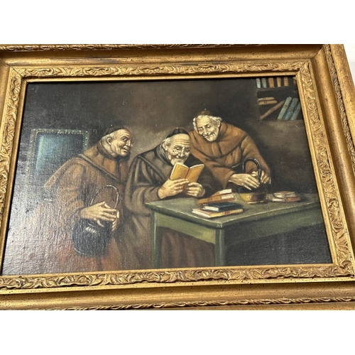 140 - Italian School: Oil on canvas, three monks imbibing ale with food, one smoking. Signed lower right V... 