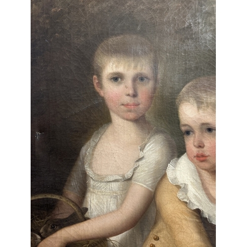 170 - 18th cent. English School: Oil on canvas brother and sister ¾ length portrait, boy with spaniel and ... 