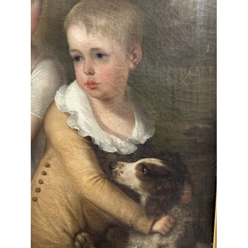 170 - 18th cent. English School: Oil on canvas brother and sister ¾ length portrait, boy with spaniel and ... 