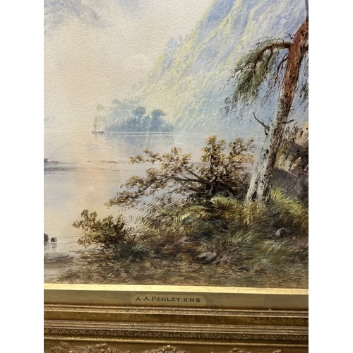 181 - Aaron Penley (1807 - 1870) Aaron Penley (1807 - 1870): Lakeside scene with mountains beyond. 36ins. ... 