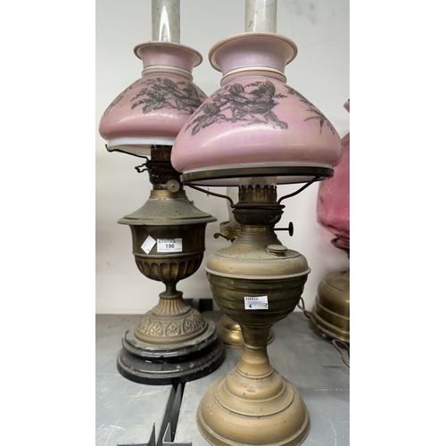 196 - Lighting: 19th/20th cent. Oil lamps with brass urn-shaped reservoirs and stands, two with shades, al... 