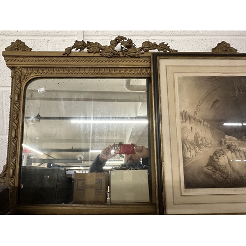 21 - Mirrors: 19th cent. Overmantel mirror in gilt frame. 46ins. x 29ins. Plus an early 19th cent. Lithog... 