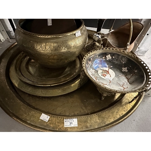 31 - Metalware: Brass and Sheffield plat including large Islamic style bowl and tray, bellows and brass r... 