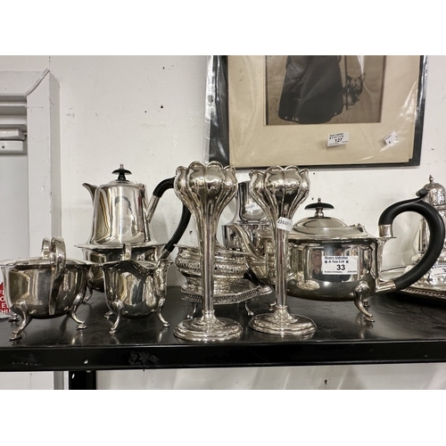 33 - Metalware: Mixed group of silver plate, coffee set, vases etc.(9)