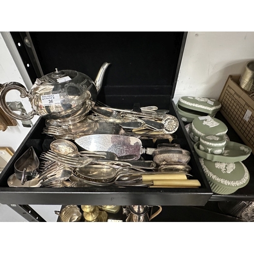 36 - White Metal & Platedware: Teapot, lighter, Walker & Hall flatware and a selection of seven Jaspe... 