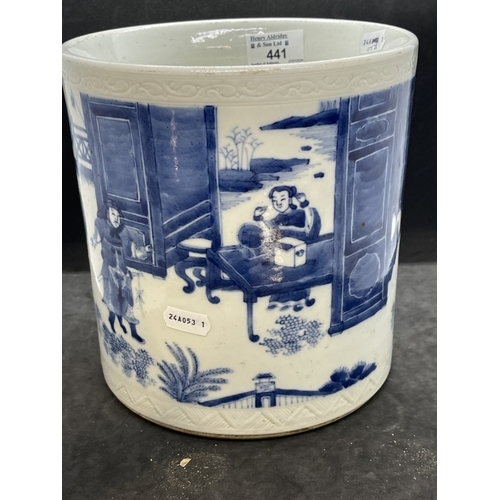 441 - Ceramics: Late 19th cent. Blue and white Chinese brush pot decorated with equine figures, unmarked, ... 