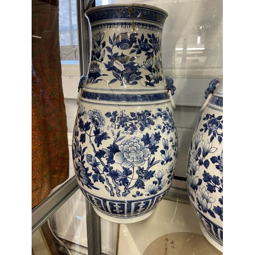 442 - Ceramics: 19th cent. Chinese blue and white vases with Dogs of Fo on the shoulders both A/F with ext... 