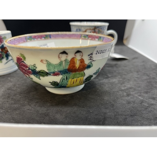 444 - 18th cent. Porcelain: Chinese coffee cans x 2 and Chinese Famille rose bowl. (3)