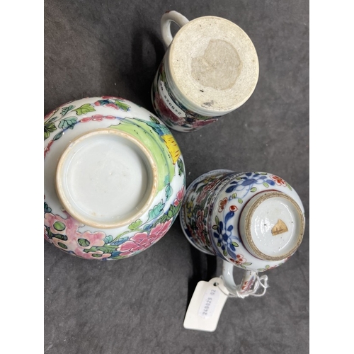 444 - 18th cent. Porcelain: Chinese coffee cans x 2 and Chinese Famille rose bowl. (3)