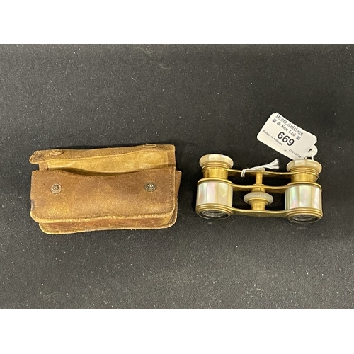 669 - Optical: Optical: French gilt and mother of pearl opera glasses with leather case. Colmont Paris.... 