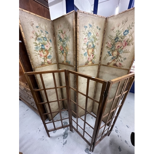 67 - Furniture: Early 20th cent. Four-panel dressing screen painted leather panels and satinwood three pa... 