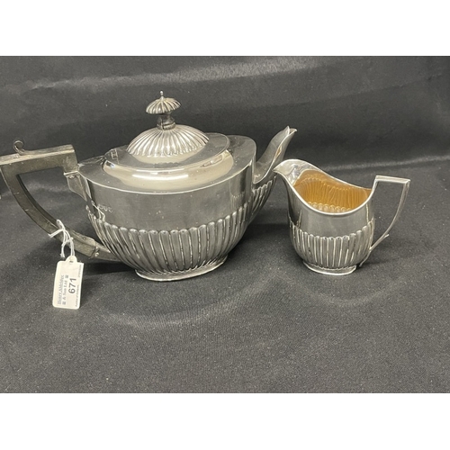 671 - Hallmarked Silver: Hallmarked Silver: Reeded Regency style teapot with ebony handle and finial, plus... 