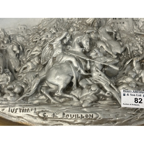 82 - 19th cent. Silvered chalked plaque of a medieval scene incised Justin M (Justin Mathieu 1796-1864) C... 