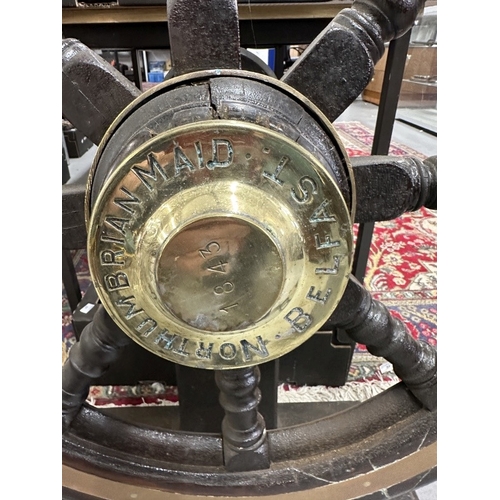 95 - Maritime: 19th cent. Brass and hard wood ship's wheel with the legend 'NORTHUMBRIAN MAID. BELFAST. 1... 