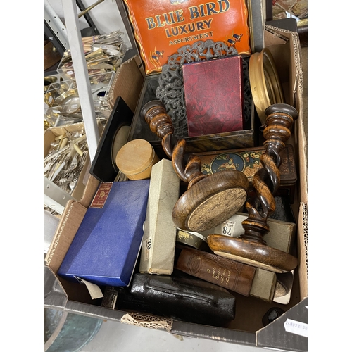 20 - Metalware: Box of metalware and treen including boxed cutlery, open twist candlesticks, and a portra... 