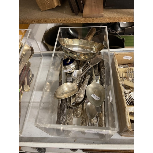 36 - Silver Platedware: Flatware, salts, pill box and bonbon dish.