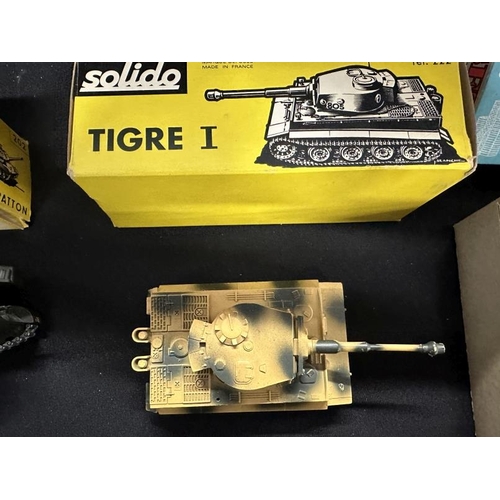 362 - Toys & Games: Solido 222 WWII German Tiger Tank, boxed Solido 202, WWII Patton M-47 tank boxed, Brit... 