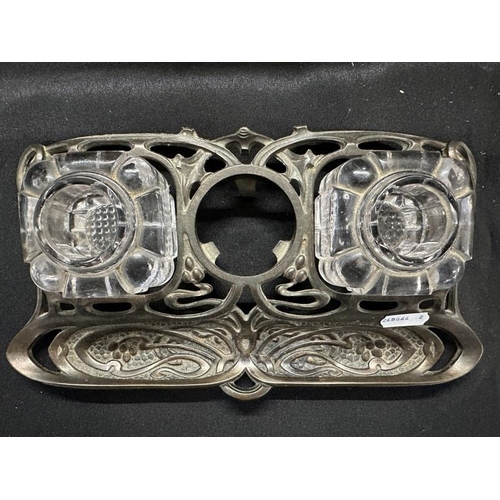 372 - Writing Requisites: Art Nouveau cast iron inkstand with two inkwells R.D. No. dating to 1904, togeth... 