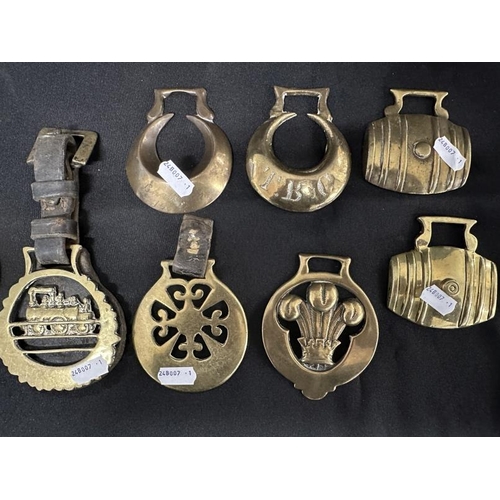 379 - Brassware: Horse brasses including Railways and Brewery, includes a crescent brass engraved South Hi... 