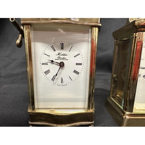 397 - Clocks: Brass carriage clock, white enamel, Roman numerals, serpentine front. Plus another of plain ... 