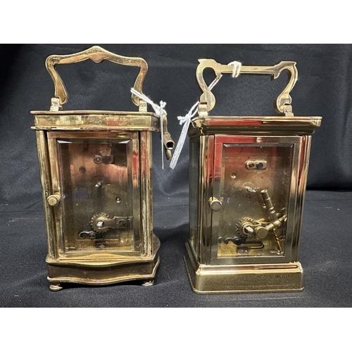 397 - Clocks: Brass carriage clock, white enamel, Roman numerals, serpentine front. Plus another of plain ... 