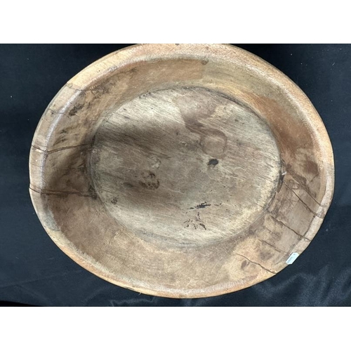 408 - 19th cent. Rustic fruitwood bowls, one with rivet repair. 22ins. and 16½ins.