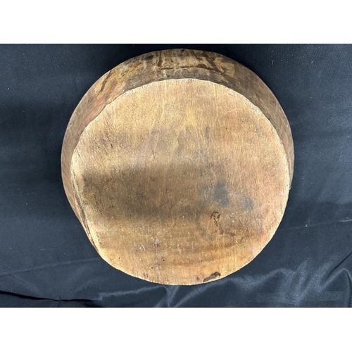 408 - 19th cent. Rustic fruitwood bowls, one with rivet repair. 22ins. and 16½ins.