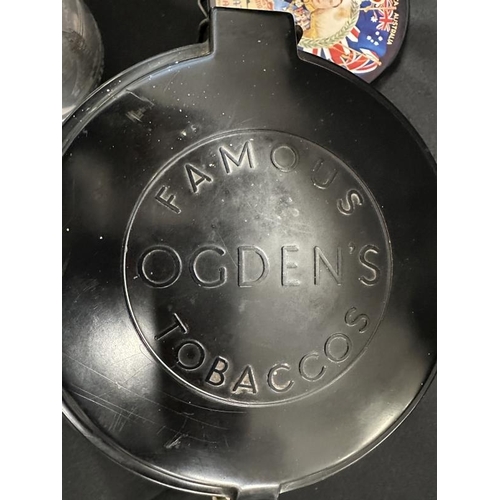 418 - Metalware: 20th cent. Double beer barrel tap, bachelor teapot, Edward VIII plaque and an Ogdens Bean... 