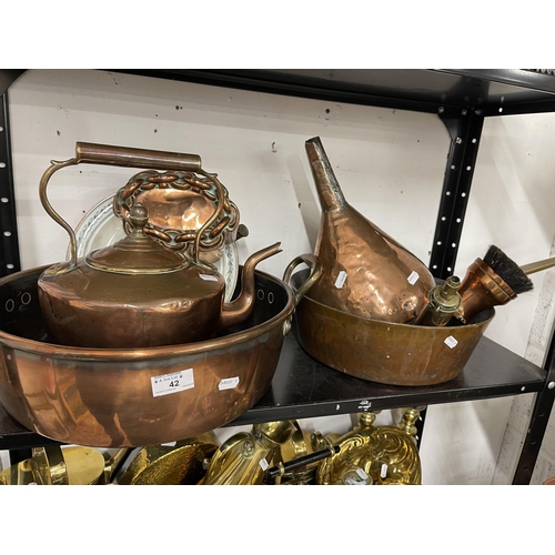 42 - Metalware: Victorian brass and copper domestic wares including copper range kettle, large copper fun... 