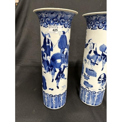 425 - Chinese Ceramics: Late 19th/early 20th cent. Chinese cylinder vases painted with busy market scenes ... 