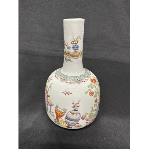 428 - Ceramics: Chinese Famille rose mallet vase enamelled with precious objects, Qianlong marks, but late... 