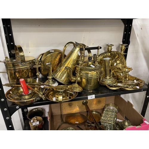 43 - Metalware: Late 19th/early 20th cent. Brass domestic items including two pairs of candlesticks, pair... 