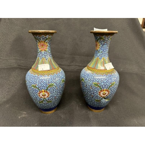 431 - Ceramics: Early 20th cent. Cloisonne vases, blue ground, one with slight damage, matched pair. 9ins.... 