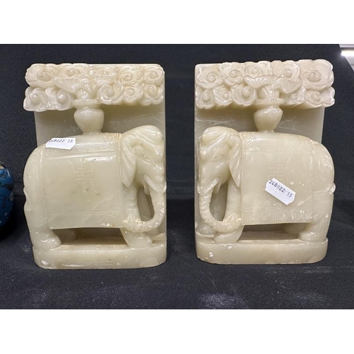 441 - 19th cent. Indian carved soapstone bookends with stylised elephants 18cm, another smaller pair of al... 