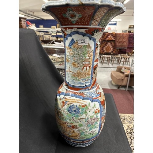 448 - Ceramics: 19th cent. Imari floor vase bulbous base, slim neck and flared rim with birds, floral pane... 