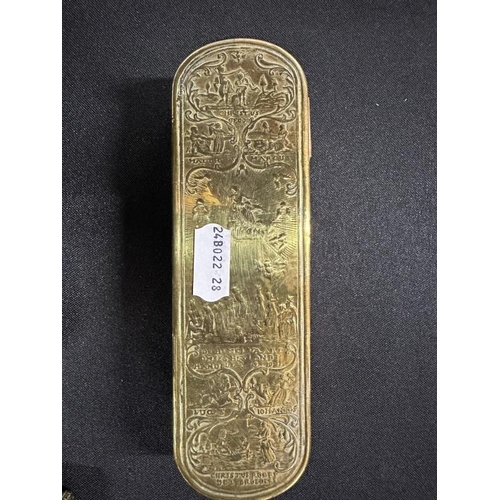 453 - Smoking Requisites: 18th cent. Dutch copper and brass embossed tobacco box, a Japanese brass Vesta c... 