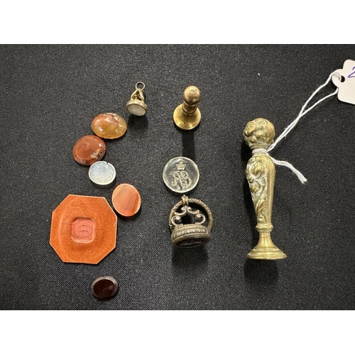 455 - Writing Requisites: Collection of six loose intaglios, four brass seals/fobs and a wax impression of... 