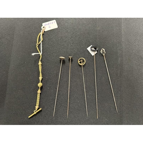 457 - Jewellery: 19th cent. Rolled gold ladies Albertina chain plus five Edwardian ladies hat pins includi... 