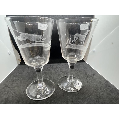 500 - Drinking Glass: 19th cent. Goblets engraved with hunting greyhound scenes, a pair.... 