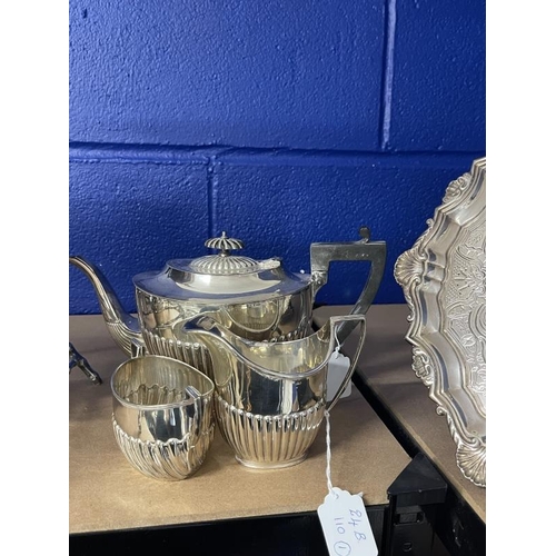 506 - Platedware: 19th cent. Electroplate spirit kettle and stand plus three-piece reeded tea set.... 