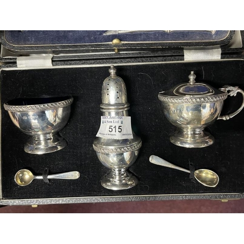 515 - Hallmarked Silver: Condiment set boxed salt, pepper, mustard with spoons, Birmingham 1948, Elkington... 