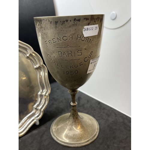 525 - Hallmarked Silver: Trophy goblet, Birmingham 1906, with 1950 Darts presentation inscription, togethe... 