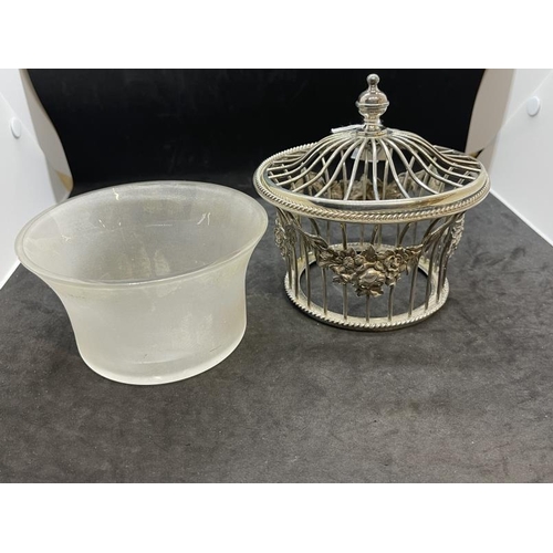 527 - Hallmarked Silver: Victorian silver wirework lidded sugar basket with applied swags of flowers and l... 